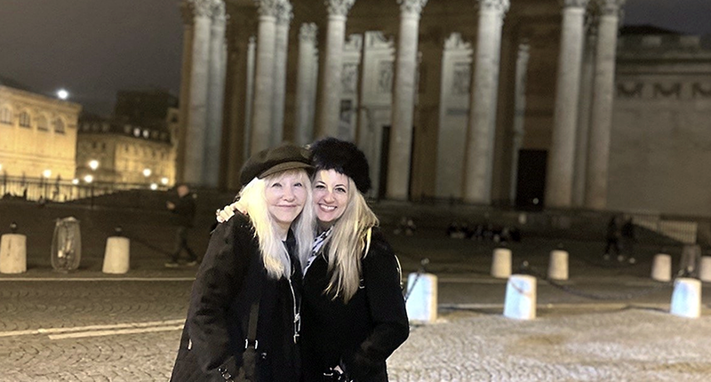 Two women (Rosary and Rory) in front of the Panthéon in Paris